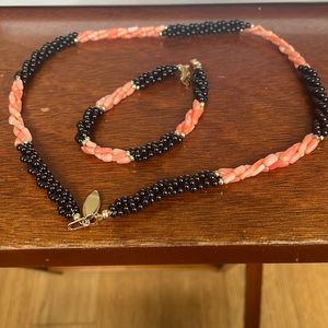 Black Onyx, coral, gold matching bracelet and necklace